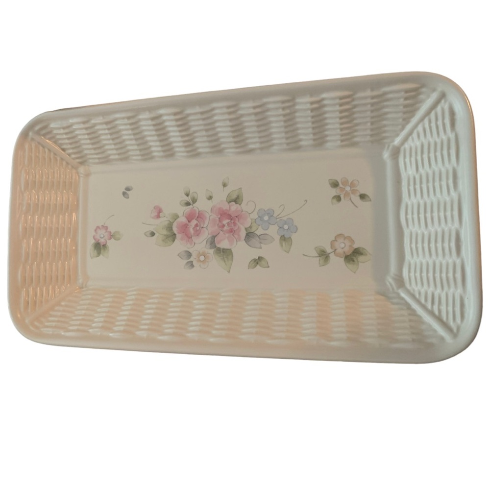 Vintage Pfaltzgraff Tea Rose Wicker Edged Platter- Rare Serving Dish